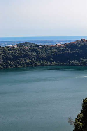 The lake of Nemi, in the province of Rome, in the Roman castles, Italy. Top view of the lake.の写真素材