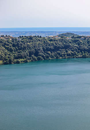 The lake of Nemi, in the province of Rome, in the Roman castles, Italy. Top view of the lake.の写真素材