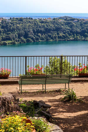 The lake of Nemi, in the province of Rome, in the Roman castles, Italy. Top view of the lake.の写真素材