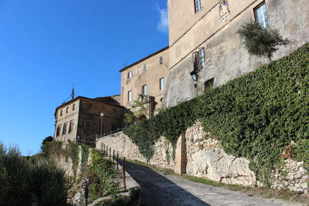 A glimpse of the ancient medieval village of Subiaco, perched on the top of the hill, where the castle stands.のeditorial素材