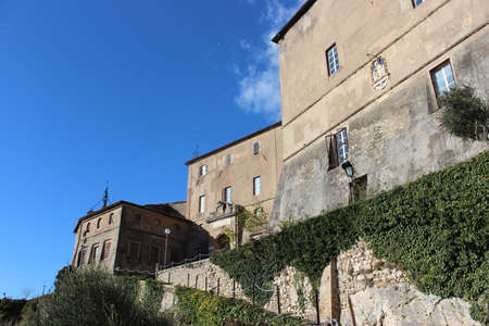 A glimpse of the ancient medieval village of Subiaco, perched on the top of the hill, where the castle stands.のeditorial素材