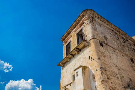 Craco, Matera, Basilicata, Italy. The ghost town destroyed and abandoned following a landslide. The ancient church of the city, with its bell tower, almost completely destroyed.のeditorial素材