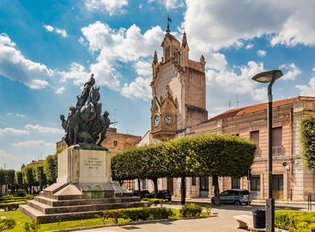 August 12, 2020 - Gravina in Puglia, Italy - The main square of the ancient city, overlooked by a church and the cathedral with the bell tower.のeditorial素材