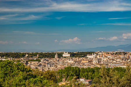 Rome, Lazio, Italy - The beautiful panorama of the city, seen from the top of the Janiculum (Janiculum). The splendid view of the historic buildings, churches and unique monuments of the Eternal City.の写真素材