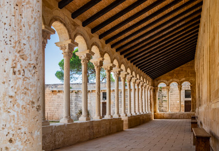 August 10, 2021 - Abbey of Santa Maria a Cerrate, Puglia, Salento, Lecce - The portico at the side of the church, shady and cool, with arches and columns. Shelter from the sun and the summer heat.のeditorial素材