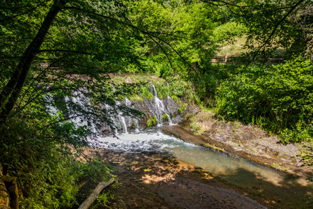 The small medieval village of Corchiano, Viterbo, Lazio. The natural park in the gorge of the Rio Fratta river, rich in vegetation, caves, creeks, small waterfalls, history and archaeological finds.の写真素材
