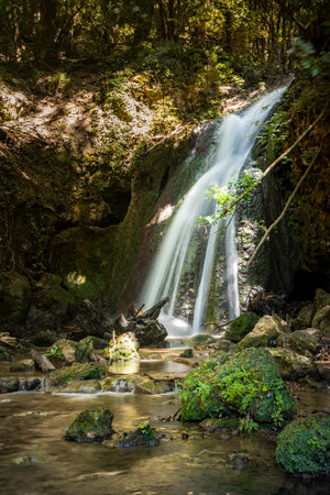 The amazing waterfall of the Bride, one of the waterfalls of Altolina, formed by the river Menotre. In Pale, a small village fraction of Foligno, province of Perugia, Umbria, Italy.の写真素材