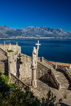 Gaeta, Latina, Lazio, Italy. A splendid view of the city. The ancient village overlooking the sea. The monumental neo-Gothic Church of San Francesco, with its rose window and marble statues.の写真素材