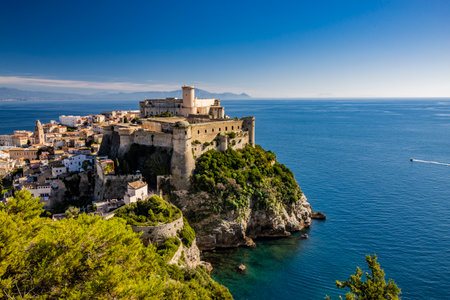Gaeta, Latina, Lazio, Italy. A splendid view of the city from the top of Monte Orlando. The imposing Angevin-Aragonese castle dominates the ancient village overlooking the sea from the clifftop.の写真素材