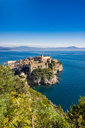 Gaeta, Latina, Lazio, Italy. A splendid view of the city from the top of Monte Orlando. The imposing Angevin-Aragonese castle dominates the ancient village overlooking the sea from the clifftop.の写真素材