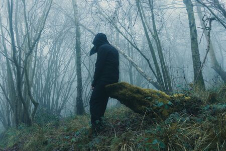 A scary hooded figure wearing a plague doctors mask. In a spooky, foggy winters forest.の写真素材