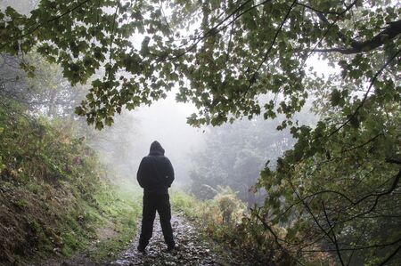 A hooded man standing with his back to the camera on a woodland path on a moody foggy autumn day. 