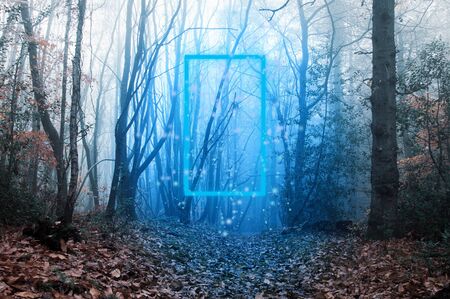A blue glowing transparent door, with magical lights moving around, floating in a moody, atmospheric...