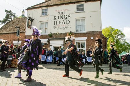 4th May 2019, Upton Upon Severn, UK. Morris dancers dancing outside a pub at the Upton Folk Festivalのeditorial素材