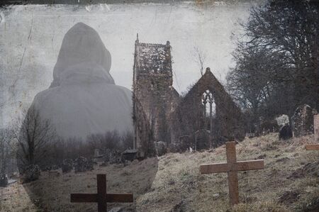 Looking at the back of a hooded figure looking at a ruined church and graveyard. On a moody foggy...
