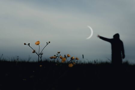 A sinister hooded figure standing in a field, out of focus. With a low camera angle. Reaching out to a crescent moon.の写真素材