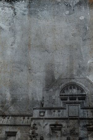 Looking up at an imposing Victorian building. With a grunge, vintage editの写真素材