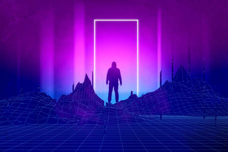 A silhouette of a man standing, back to camera. With a glowing neon dorrway. With a synthwave, 80s edit.の写真素材