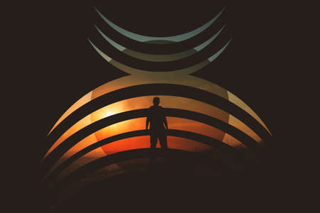 A graphic design edit of a man standing on a hill looking at the sunset