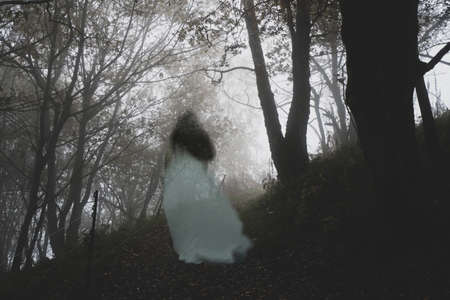 A spooky ghostly woman in a long white dress walking up a path through a moody misty autumn woodland