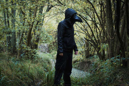 A scary hooded figure wearing a plague doctor mask, standing in a forest.の写真素材