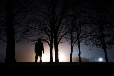A hooded figure standing next to trees, silhouetted against a glowing bright light. On a foggy winters night.の写真素材