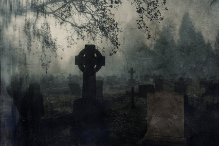 A spooky Victorian graveyard on a foggy, winters night. With an abstract, grunge, vintage edit.の写真素材
