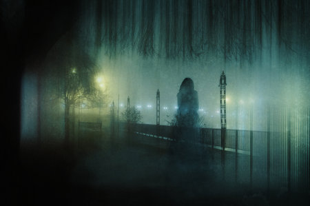 A ghostly transparent woman. Standing in a park. On an atmospheric winters night. With a grunge, blurred vintage edit.の写真素材