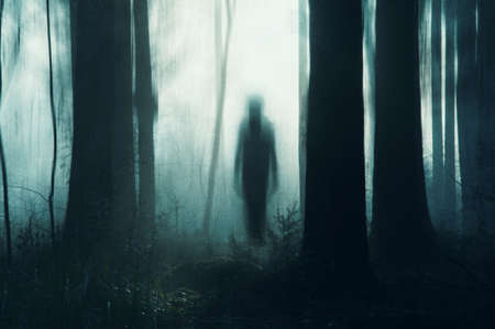 A spooky concept of a ghostly figure silhouetted between trees in a forest on a moody, foggy winters day. With a grunge, abstract edit. England, UKの写真素材