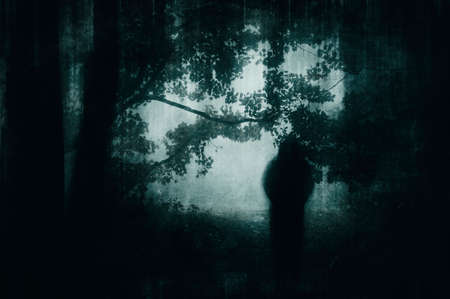 An atmospheric, moody concept. Of a ghostly figure standing on a forest path on a foggy day. With a grunge, textured edit.の写真素材