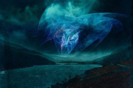 An alien structure appearing out of a stormy sky at night. Above a lake in the mountains. With a...