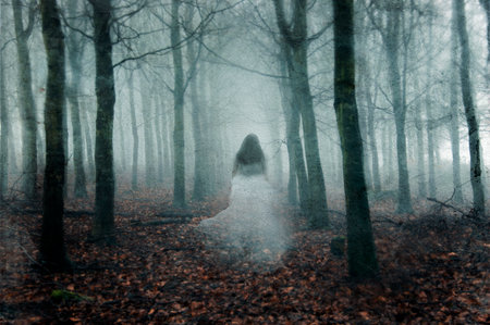 A supernatural concept of a ghostly woman wearing a long white dress, walking through a spooky, foggy forest in winter. With a grunge, vintage edit.の素材 [FY310167856756]