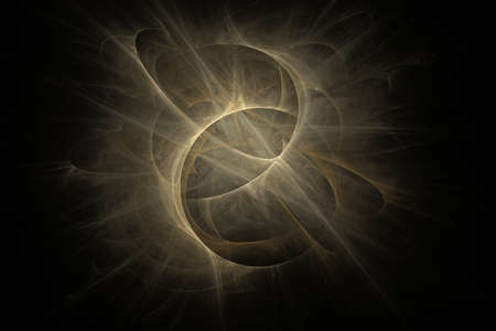 An abstract fractal design. Appearing out of a swirling geometric design. Set on a black background.
