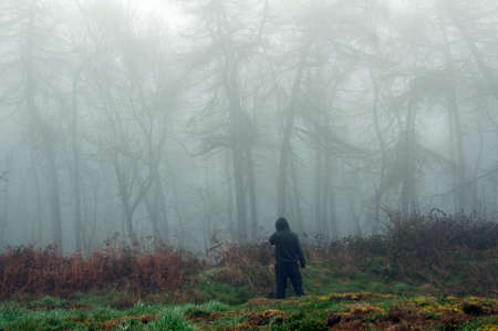 A moody edit of a spooky hooded figure standing on the edge of a forest in the countryside. On a bleak foggy, winters day.の写真素材
