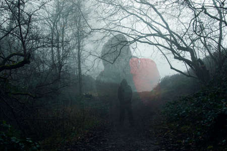 A double exposure of a scary half transparent hooded figure standing on a path in a dark moody...