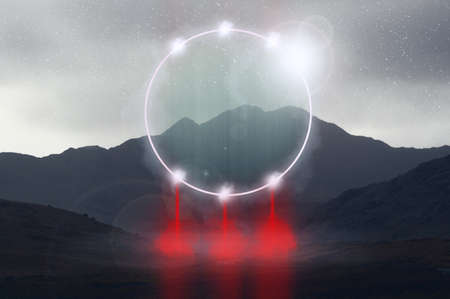 A fantasy concept of a glowing circle portal in the mountains. On a misty spooky winters night