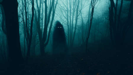 A supernatural concept. Of a ghost with glowing eyes floating above the ground . In a spooky, winter forest at nightの写真素材