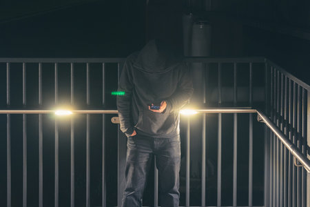 A moody hooded figure, waiting on a street while looking at a phone at nightの写真素材