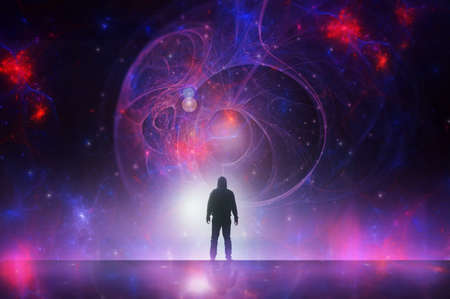 A science fiction, mystical concept. Of a lone hooded figure looking out on a universe full of energy and stars.の写真素材