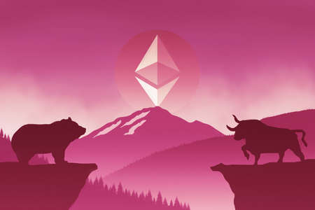 A  cryptocurrency concept. Of the Ethereum symbol With a bull and bear facing each other. Floating...