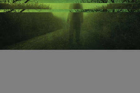 A haunted concept of a blurred ghostly figure. Standing on a country road. On a spooky foggy winters...