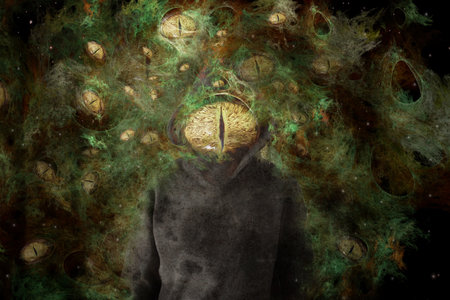 A figure possessed by a demonic spirit. Floating around his head with eyes looking towards the...