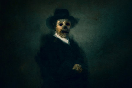 A horror concept of a classical portrait of a demonic figure with a skull like face and a black sunken eyes. On a dark background..の写真素材