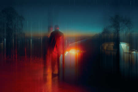 A neon experimental concept. Of a man standing next to a car at night. Looking out at twilight night...