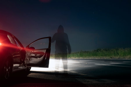 A mysterious transparent, ghost like figure, standing on an spooky empty road next to a car. On a summers night.の写真素材