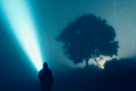A mysterious concept of a man with a torch. looking into the darkness. On a spooky foggy night in the countrysideの写真素材