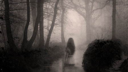 A haunted concept. Of a woman ghost standing in water. On a foggy winters day. In a spooky forest.の写真素材