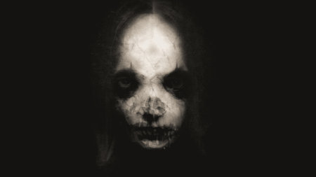 A horror concept of a scary female demon portrait. With a dead, skull edit. looking at the camera. On a dark background.の写真素材