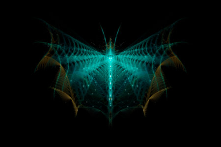 An abstract fractal butterfly design. With glowing neon colours. On a black background.の写真素材