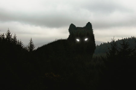 A silhouette of a giant wolf with glowing eyes. Standing above a winter forest of trees.